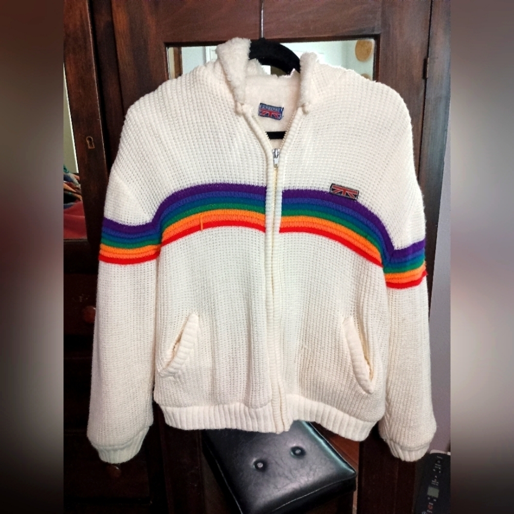 Vintage 80s Brittania Knit Rainbow Lined Jacket Hoodie Coat